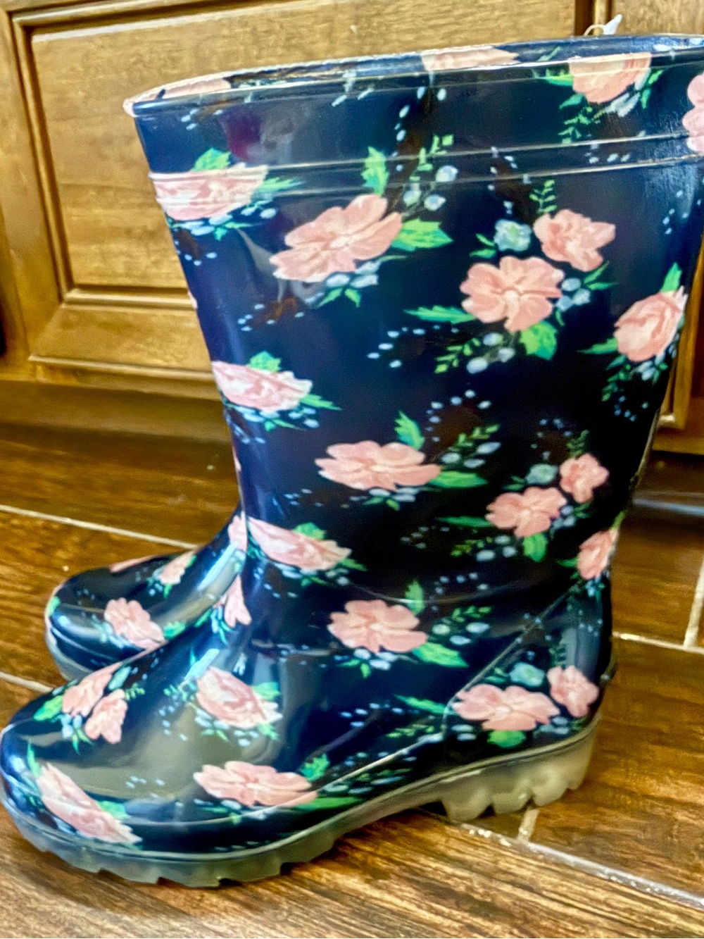 Floral Navy Rain Boots with Pink Roses